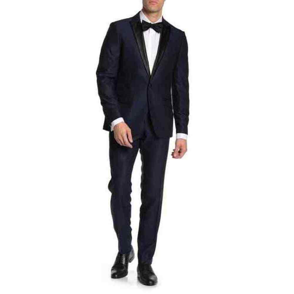 Savile Row Co Addison Satin Peak Lapel Slim Fit 2pc Tuxedo Navy Check 40L 34W